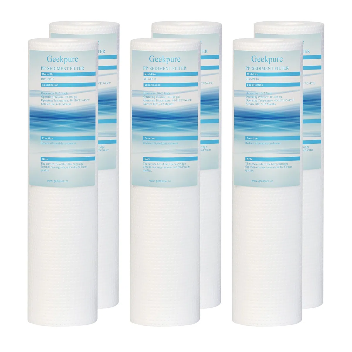 Geekpure PP Sediment Wasserfilterkartusche 2,5 Zoll x 10 Zoll entfernt Schlamm Sand Rost-5 Mikron, 6 Stück