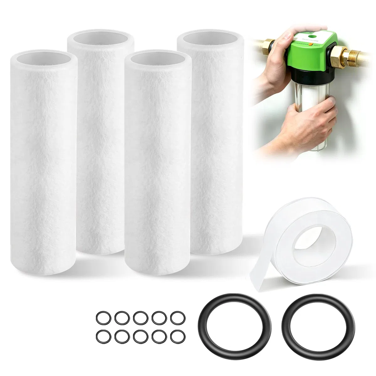 Esoes 4 Stück Ersatzfilter 80 µm, kompatibel mit Grünbeck Wasserfilter FS 1 & Grünbeck Geno Feinfilter FS 1, Hauswasserfilter Ersatz Kerzenfilter. inkl. 20 m Teflonband + 2 große Gummidichtringe